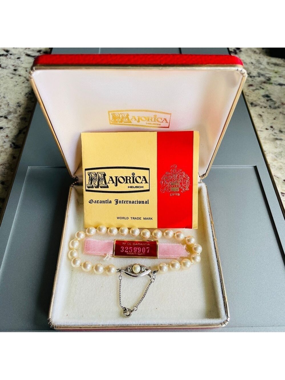 Vintage Majorica Faux Pearl Bracelet With Cubic Zirconia Clasp Box & Pap…